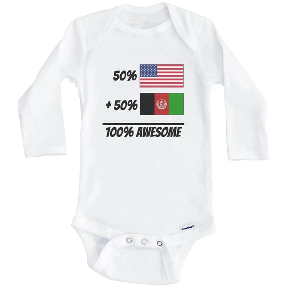 50% American Plus 50% Afghan Equals 100% Awesome Cute Afghanistan Flag One Piece Baby Bodysuit (Long Sleeve), 0-3 Months White