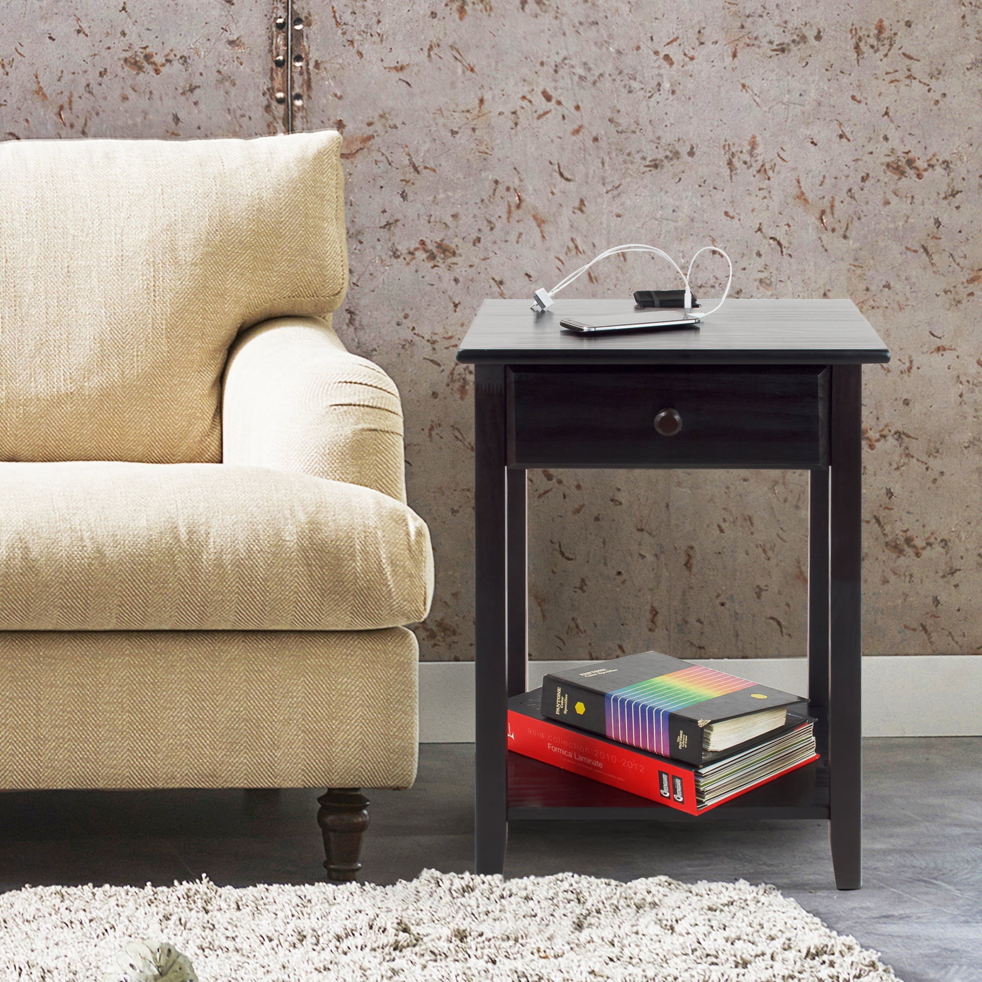 Casual Home Night Owl Bedroom Nightstand with Included Discrete USB Port Station
