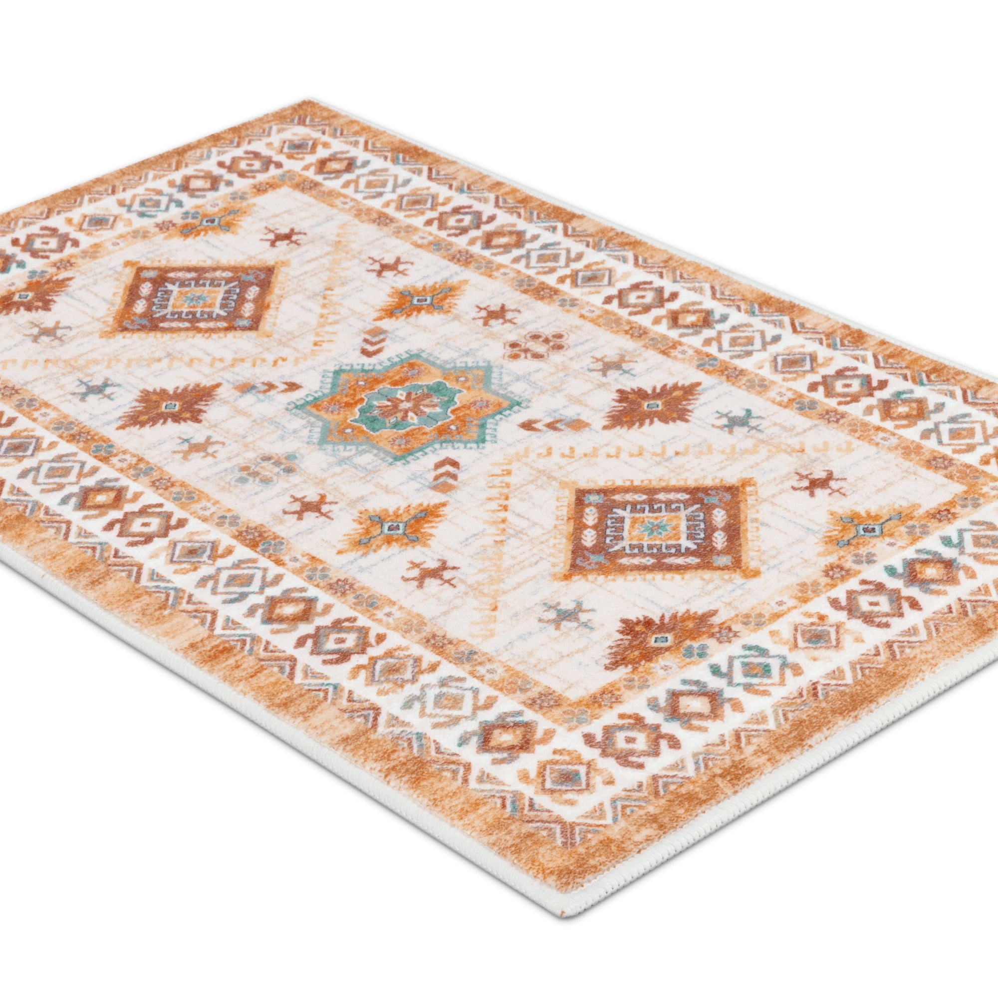 MeyJey Vintage Kitchen Rug Set, 3 Piece Non-Slip Kitchen Mat Machine Washable Runner Rug for Home Floor and Living Room, Beige/Orange