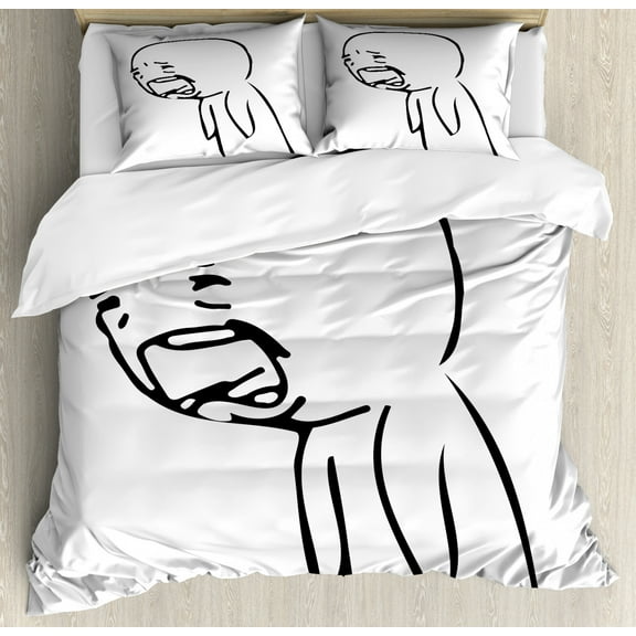 Humor Decor Queen Size Duvet Cover Set, Sad Guy Upset Crying Popular Rage Comic Generator Style Online Emoji Print, Decorative 3 Piece Bedding Set with 2 Pillow Shams, Black White, by Ambesonne