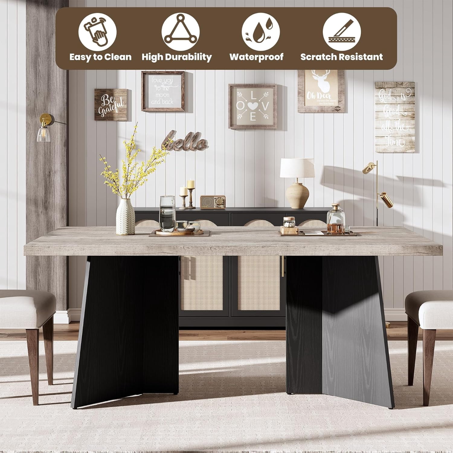 Dining Table for 6-8 People - 63" Modern Long Kitchen Table with Large Tabletop & Pedestal Legs, Dinner Table for Kitchen, Conference Room, Home, Grey & Black