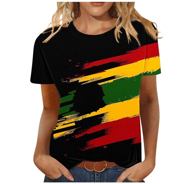 Tops de Manga Corta para las Mujeres de Ajuste Suelto, Día de la Independencia Negro Impreso, Cuello Redondo Suelto Superior