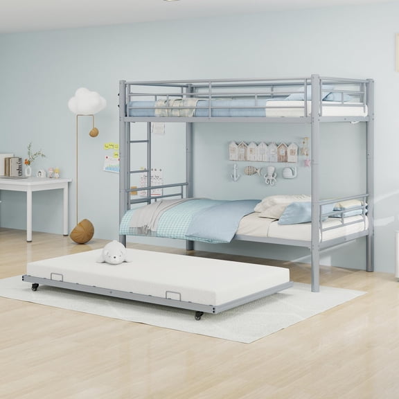 Metal Bunk Bed with Trundle, Space-Saving Bunk Bed Twin Over Twin with Ladders and Safety Guardrail, Heavy Duty Twin Bed Frames, No Box Spring Needed and Noise Free(Silver)