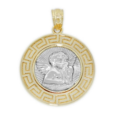 Charm America - Gold Guardian Angel Medallion Charm - Greek Key Pattern - 14 Karat Solid Gold