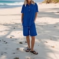 thumbnail image 2 of Linen Short Sets for Women 2 Piece Short Sleeve Shirts Wide Leg Shorts Loose Fit Casual Cotton Linen Sets Summer Outfits Blue S, 2 of 7