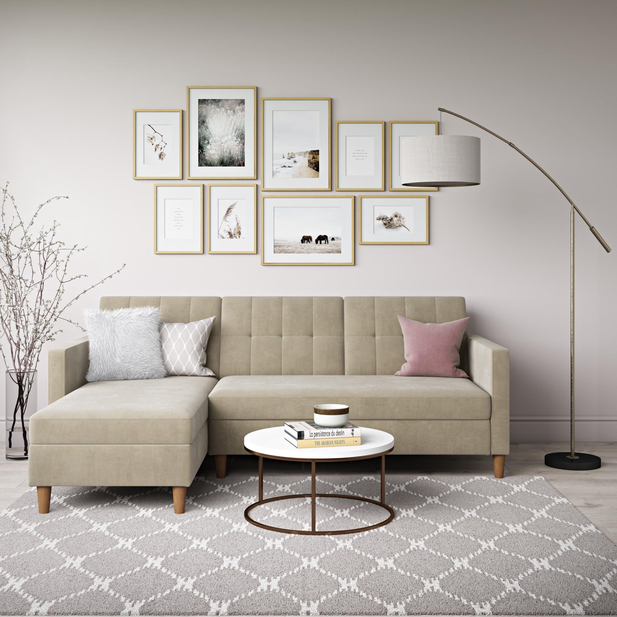 DHP Hartford Storage Reversible Sectional Futon with Chaise, Tan Chenille