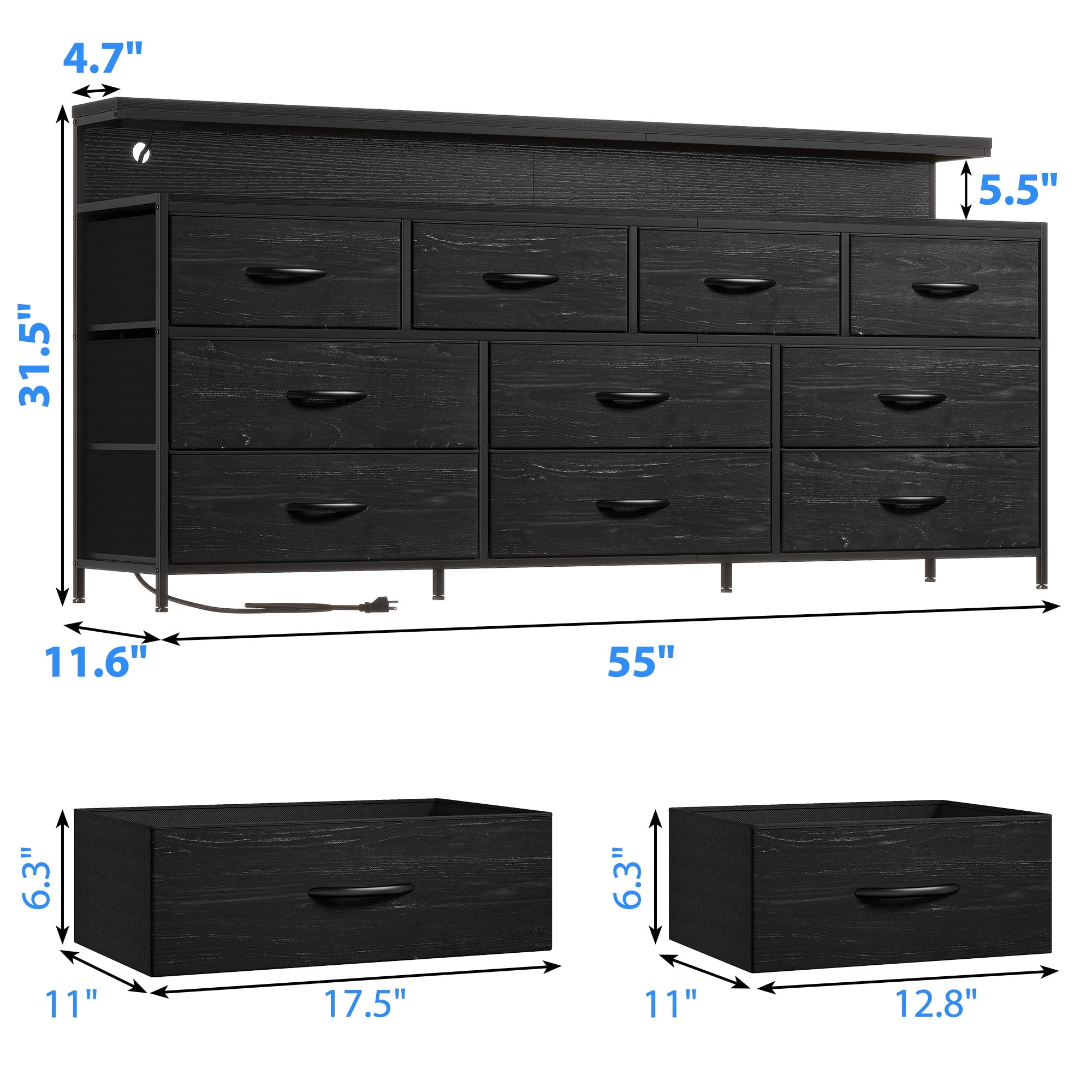 Dresser for Bedroom with 10 Drawers Fabric dresser with LED Lights and Power Outlets,Black