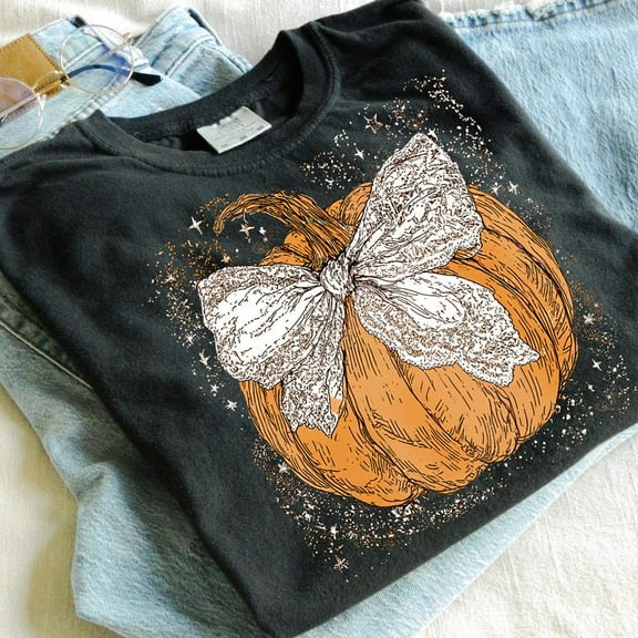 Pumpkin coquette glitter T-shirt, Fall T-shirt, Fall pumpkin Sublimation T-shirt, Thanksgiving png, Autumn TH040634