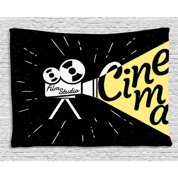 Movie Theater Tapestry, Movie Projector Sketch with Grunge Cinema Lettering on Black Backdrop, Wall Hanging for Bedroom Living Room Dorm Decor, 80W X 60L Inches, Yellow Black White, by Ambesonne