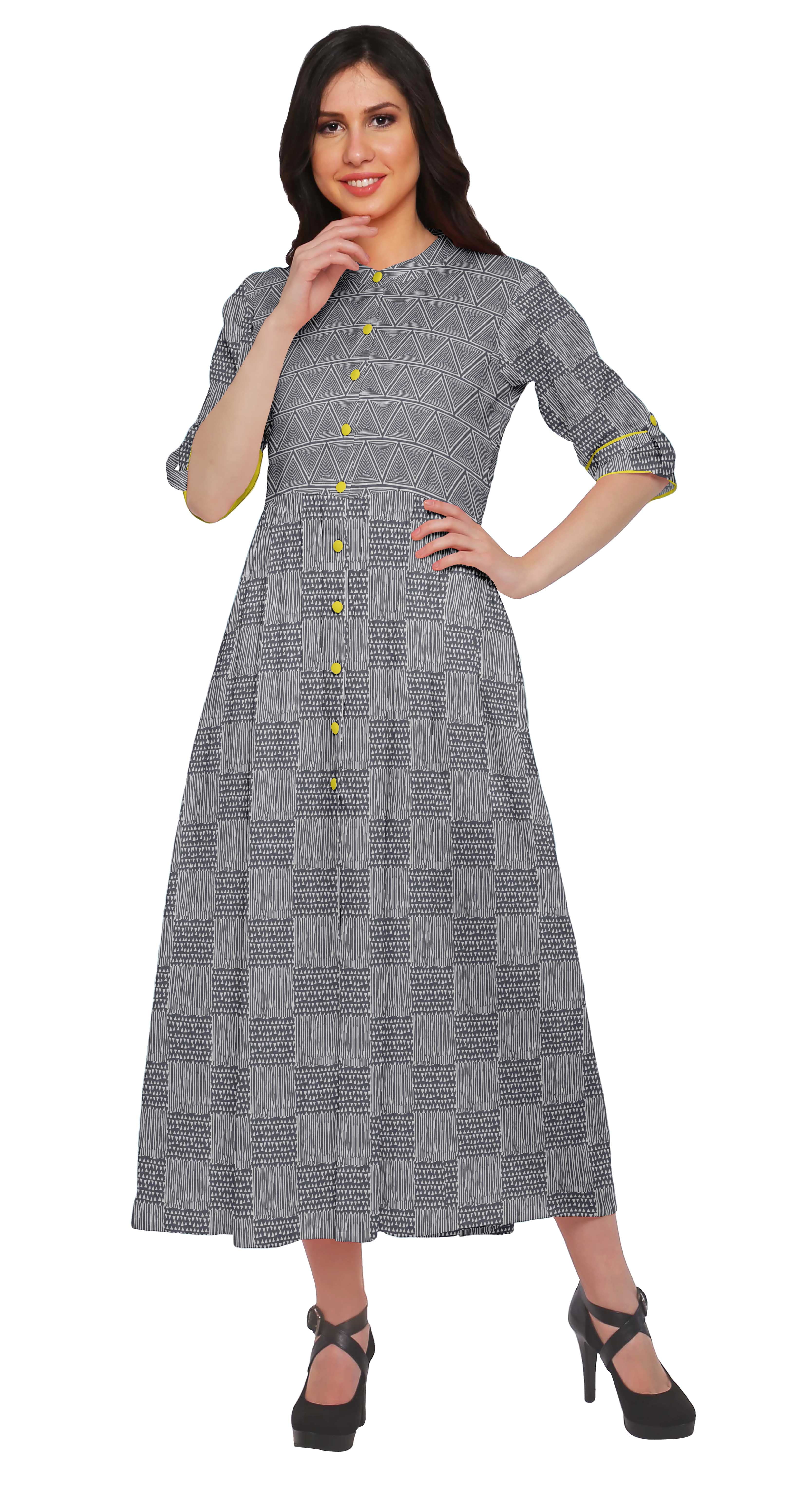 a line dress kurtis Trendmalls purple rayon abstract print a-line kurti gown ankle length  sleeveless kurti for woman, party wear, festive