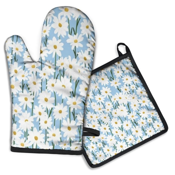 Lightblue Daisy Flower Green Stems Pattern Kitchen Oven Mitt and Pot Holder Sets 2 Pcs for Baking, Cooking and Grilling, Heat Resistant Up To 392 °F