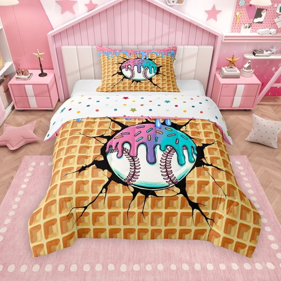 Erosebridal Baseball Sport Twin Comforter Sets for Kids Boys Girls, Ice Cream Drip Waffle Bedding Set, Colorful Polka Dots Reversible, 1 Comforter and 1 Pillowcase