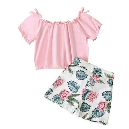 

Up to 30% off! Kukoosong Summer Baby Girl Clothes Bow Ruffle T Shirt Tops Floral Shorts Outfits Set Pink 100