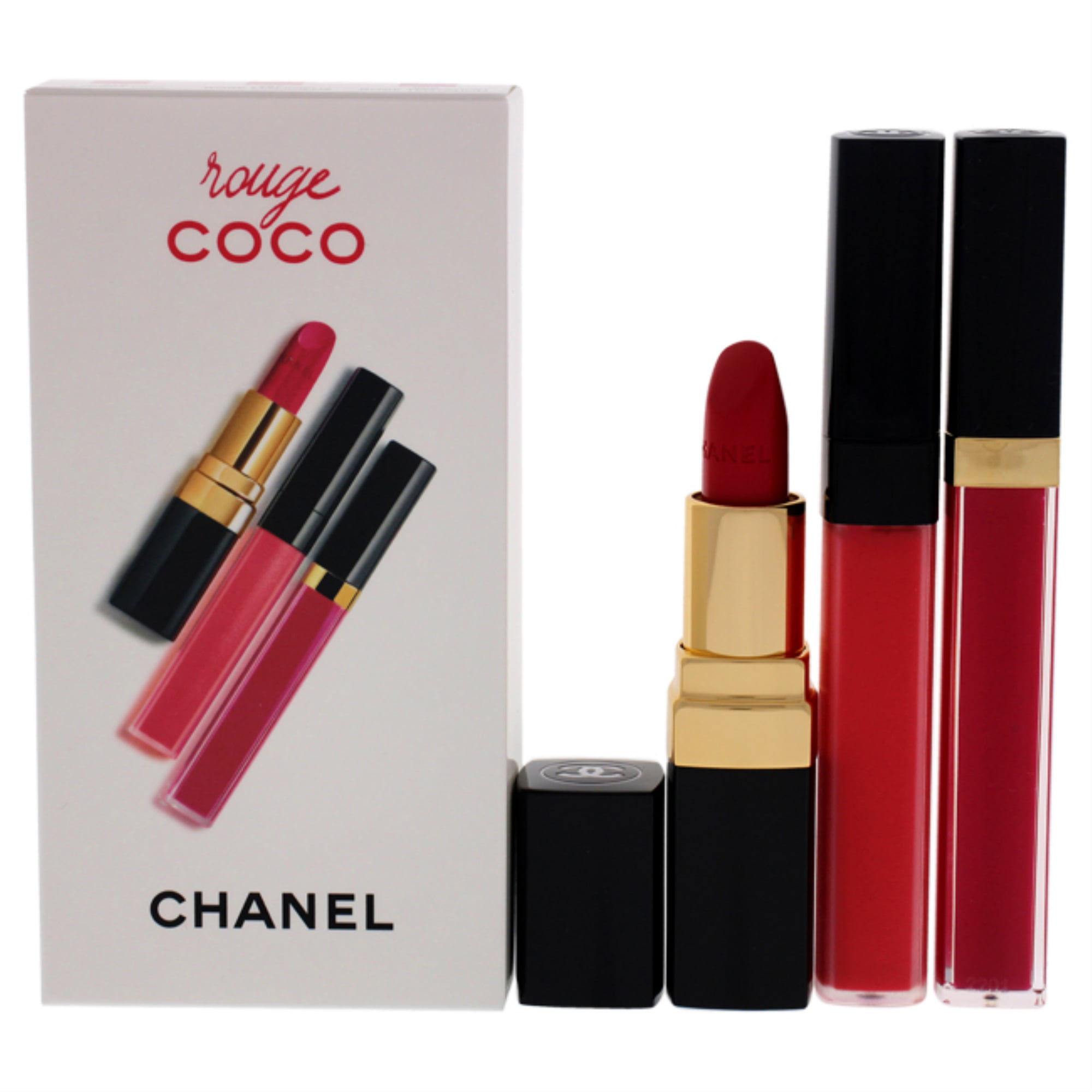 Rouge Coco Set by Chanel for Women - 3 Pc Set 0.19oz Lip Blush - 416  Teasing Pink, 0.12oz Ultra Hydrating Lip Color - 482 Rose Malicieux, 0.19oz