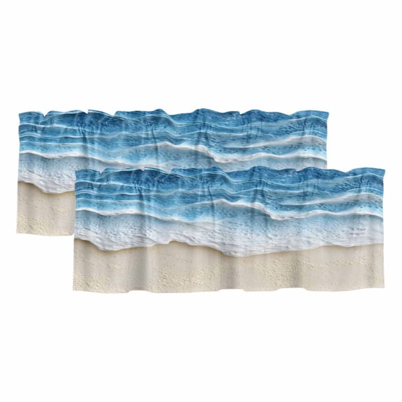 Blue Coastal Beach Curtain Valances for Windows, Kitchen Valance Window Treatments Panel 2 Pack, Summer Seaside Nautical Beige Rod Pocket Short Curtains for Bathroom Bedroom 54 x 18 Inch