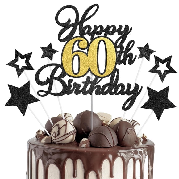 Cake Topper OffiCreative 60.º cumpleaños negro y dorado con brillo