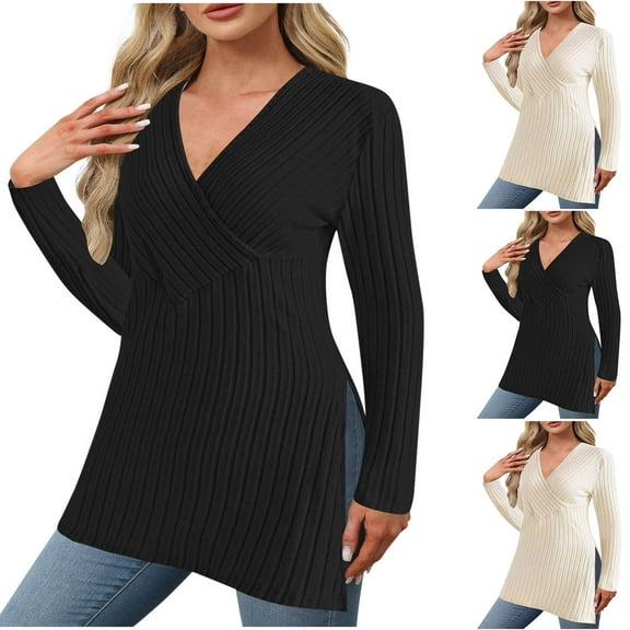 XPMWRP Women's Solid Color Fashion Sweatshirts Long Sleeve Split Side V Neck Blouses Trendy Casual Pullover Loose Plus Size Clothes Black XXXXXL
