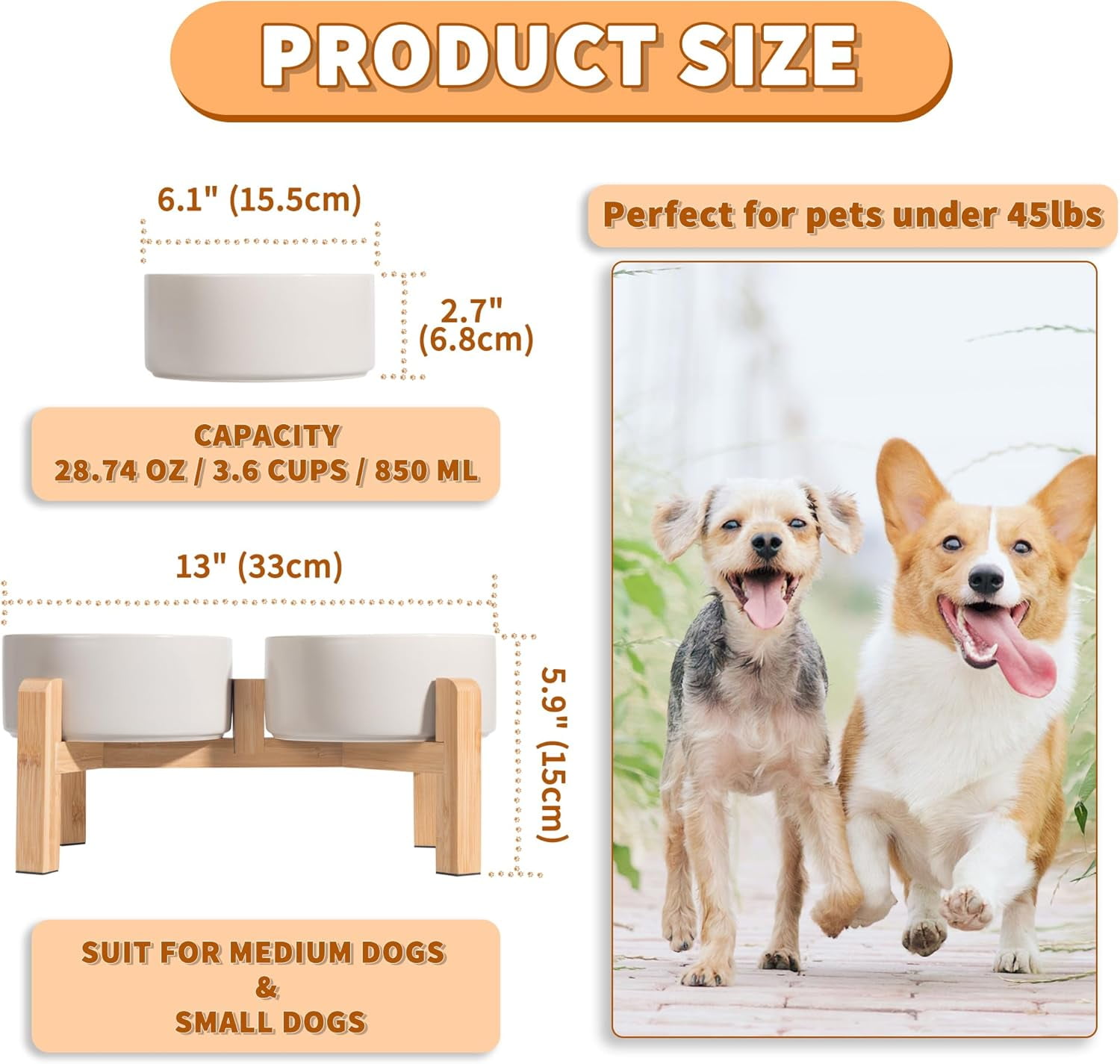 Elevated Ceramic Dog Bowl Set - Raised Dog Bowls with Non-Slip BambooStand - Dog Food and Water Bowl Set - Double Dog Feeding Bowls - Suitable for Small and Medium Dogs - 28.74 OZ - 3.6 CUPS - 850 ML