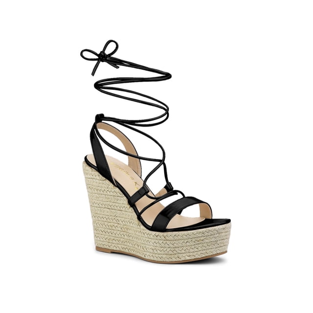 BLISSFUL STEP Sandales à Plateforme Espadrilles à Talon Compensé à Lacets pour Femmes Noir 8,5