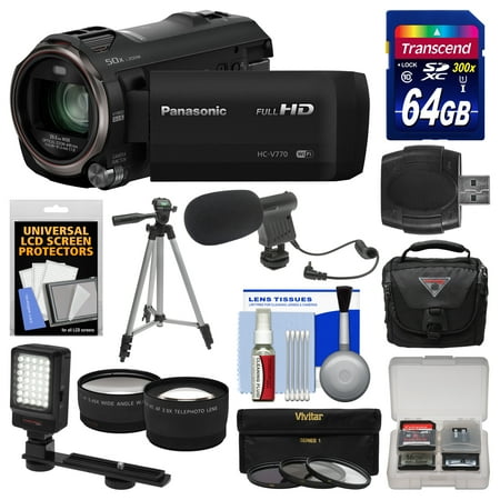 Panasonic HC-V770 Wireless Smartphone Twin Wi-Fi HD Video Camera Camcorder + 64GB Card + Case + LED Light + Microphone + Tripod + Tele/Wide Lens Kit