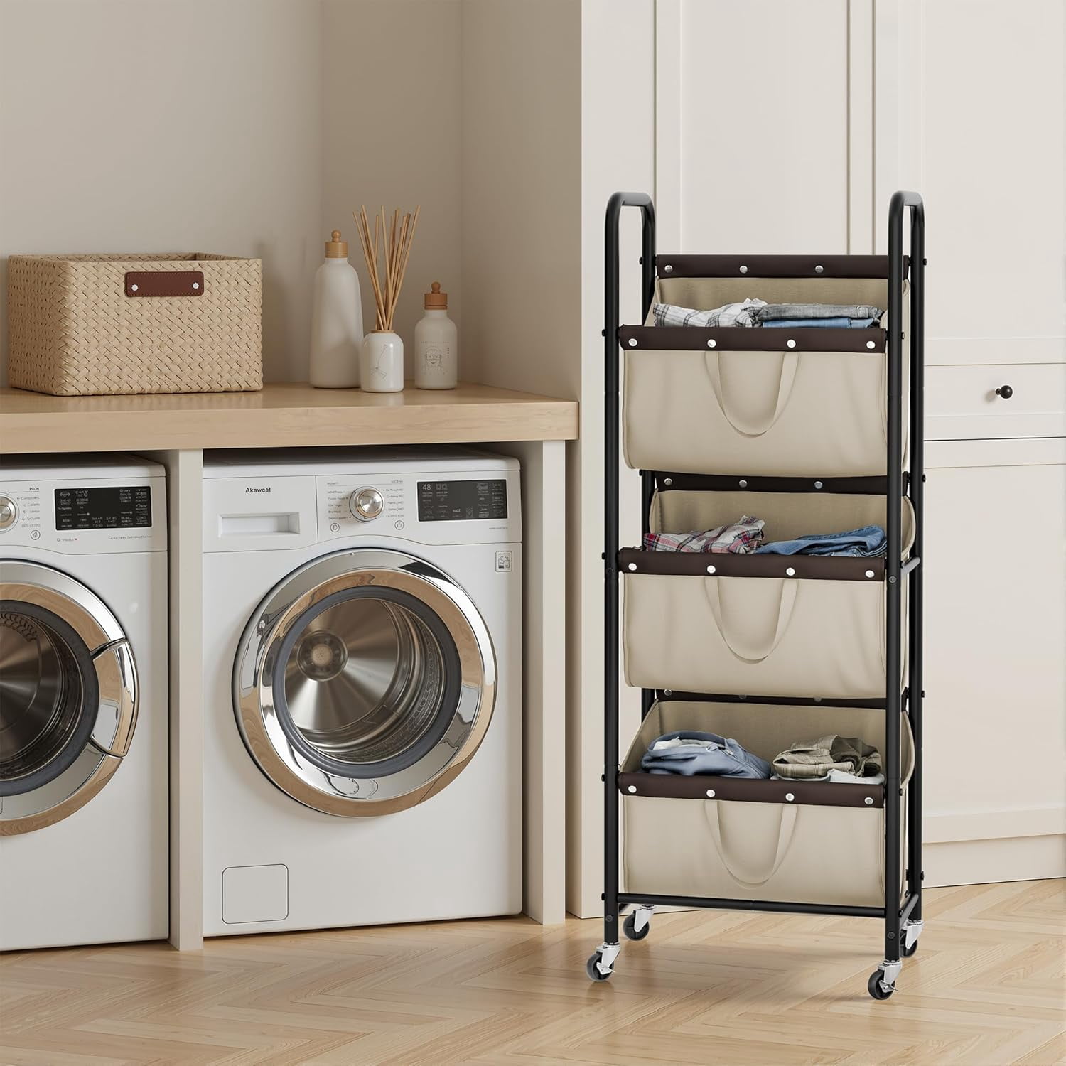 GRANNY SAYS 3-Tier Laundry Basket with Wheels, 120L Rolling Laundry Hamper Sorter, Metal Frame Laundry Organizer, 3 Bin Removable Bags, Light Khaki