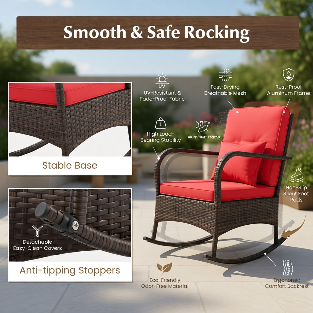 Hommoo 3-Piece Outdoor Rocking Chair Set with Tempered Glass Coffee Table, PE Rattan & Metal Frame for Backyard, Patio, Poolside, Red