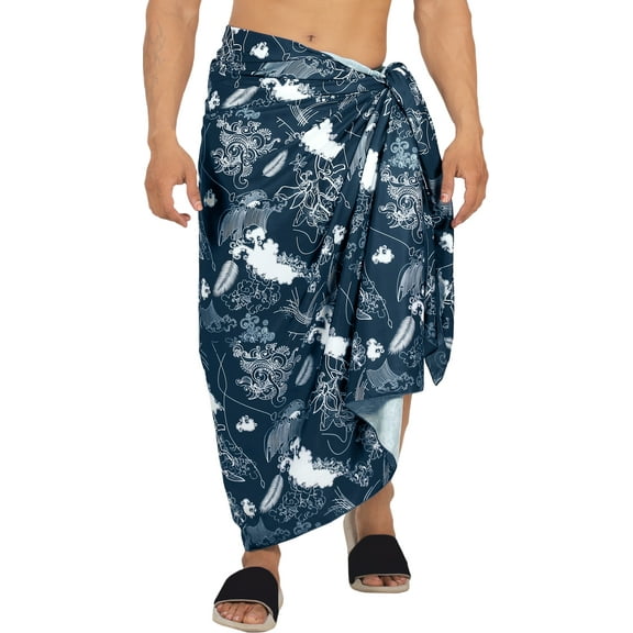 LA LEELA Men's Bath Trunk Swimwear Sarong Pareo Beach Wrap One Size Denim, Leaves Summer Vacation Aloha