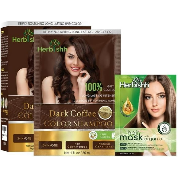 Herbishh Hair Color Shampoo for Gray Hair Dye Shampoo with Argan Hair Mask – Travel-Size Colors Hair in Minutes – Long lasting colour–10 pack + 1 pack (Dark Coffee)
