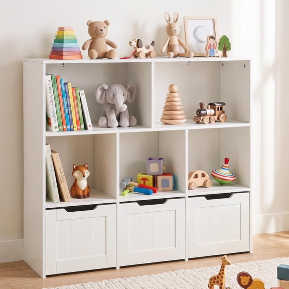 OLAKIDS Toy Storage Organizer, Wooden Kids Bookshelf with Hidden Wheels 3 Movable Drawers 5 Open Cubbies, Large Toddler Chest for Playroom Classroom