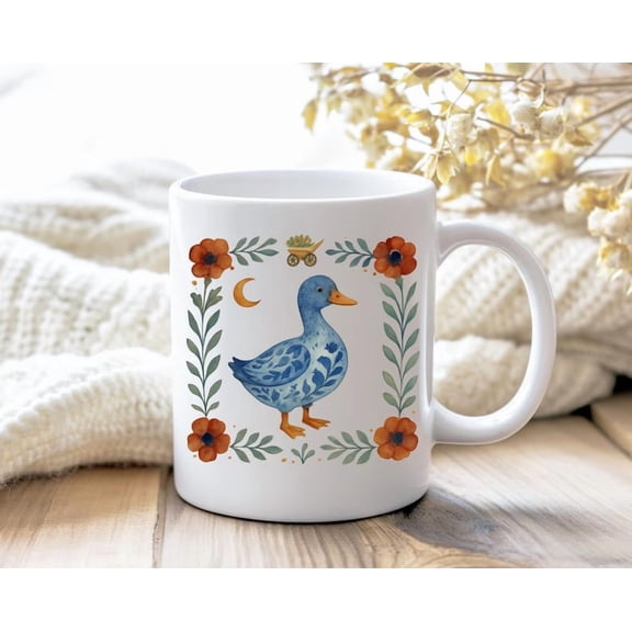 WhimsiC1Al Floral Duck Mug, Farm Animal Coffee Cup, Cute Blue Chinoiserie Duck Lovers Birthday Gift, Folk Art Animal Mug SC1Andinavian StY1Le