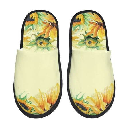 Balery Sunflowers On A Yellow Background Slient Indoor Furry Fleece Comfort House Shoes Soft Non-Slip Home Shoes Cotton slippers House Slippers-- Medium