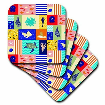 - 3dRose Bright Under the Sea pattern - fish coral turtles seashells seahorses, Ceramic Tile Coasters, set of 4