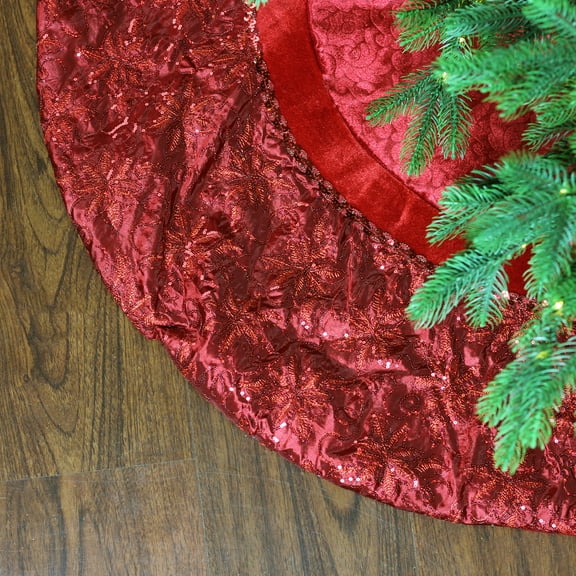 Northlight 60" Red Velvet Damask Sequin Embroidered Poinsettia Trimmed Scalloped Edge Christmas Tree