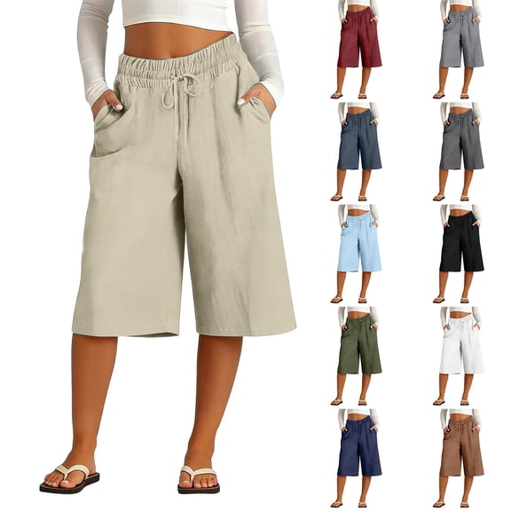 AKOEE Women's Linen Capris Wide Leg Baggy Capri Sweatshorts Drawstring Elastic Waist Long Shorts with Pockets (XL, Khaki)