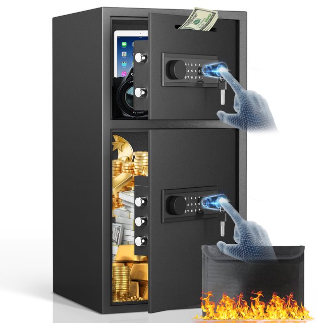 6.0 Cub Extra Large Safe Box, Biometric Safe with Fireproof Waterproof Bag & Drop Slot, Drop Box with Backlit Keypad and Dual Alarm System for Home Valuables