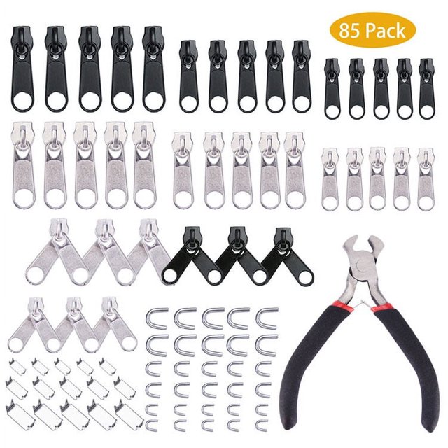 Kit de reparación de cremalleras, repuesto de cremallera con alicates de instalación para bolsos, chaquetas, tiendas de campaña, mochilas, saco de dormir, 85 Uds.