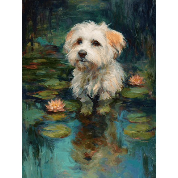Cute Dog Water Lily Impressionist Canvas Print, Pet Wall Art for Living Room Bedroom Office Coffee Shop Cafe Decor