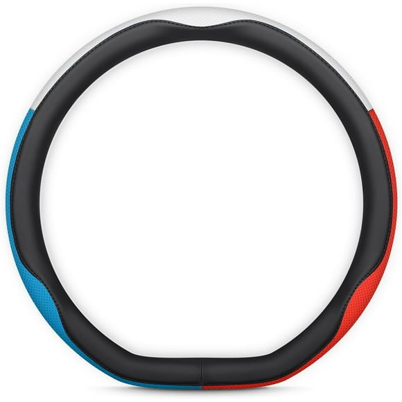 TRAHOO-Car Steering Wheel Cover - Three-Color Patchwork Design, Leather, 14.5-15 Inch - Perfect for Long Drives, Daily Commutes, Sedan, SUV, and Truck Drivers (D Shape-Blue-White-Red)