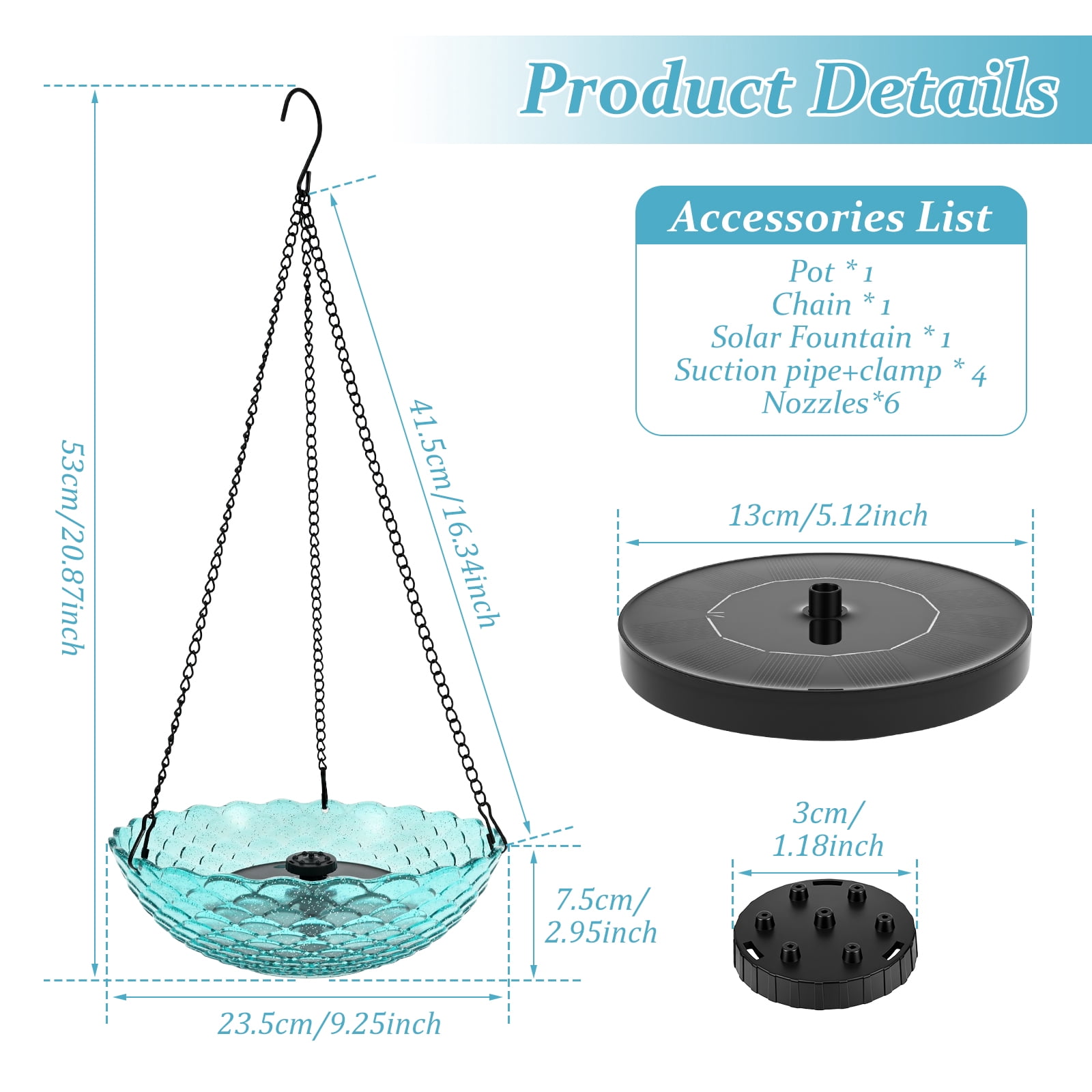 Threns Solar Hanging Bird Bath Fountain Hanging Solar Bird Bath Fountain for Outdoor Garden Backyard Patio Lawn Wildlife Feeder (Blue)
