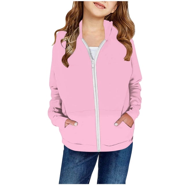 Girl's Autumn And Winter Solid Color Patch Pocket Zipper Sweatshirt Hooded Cardigan Jacket