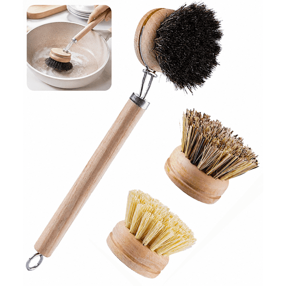 Bamboo Dish Brush Set with Handle, Wooden Kitchen Scrub Brush with 3 Natural Bristle Heads (Horsehair, Sisal, Palm), Dish, Wok, Pot and Vegetable Cleaning Brush