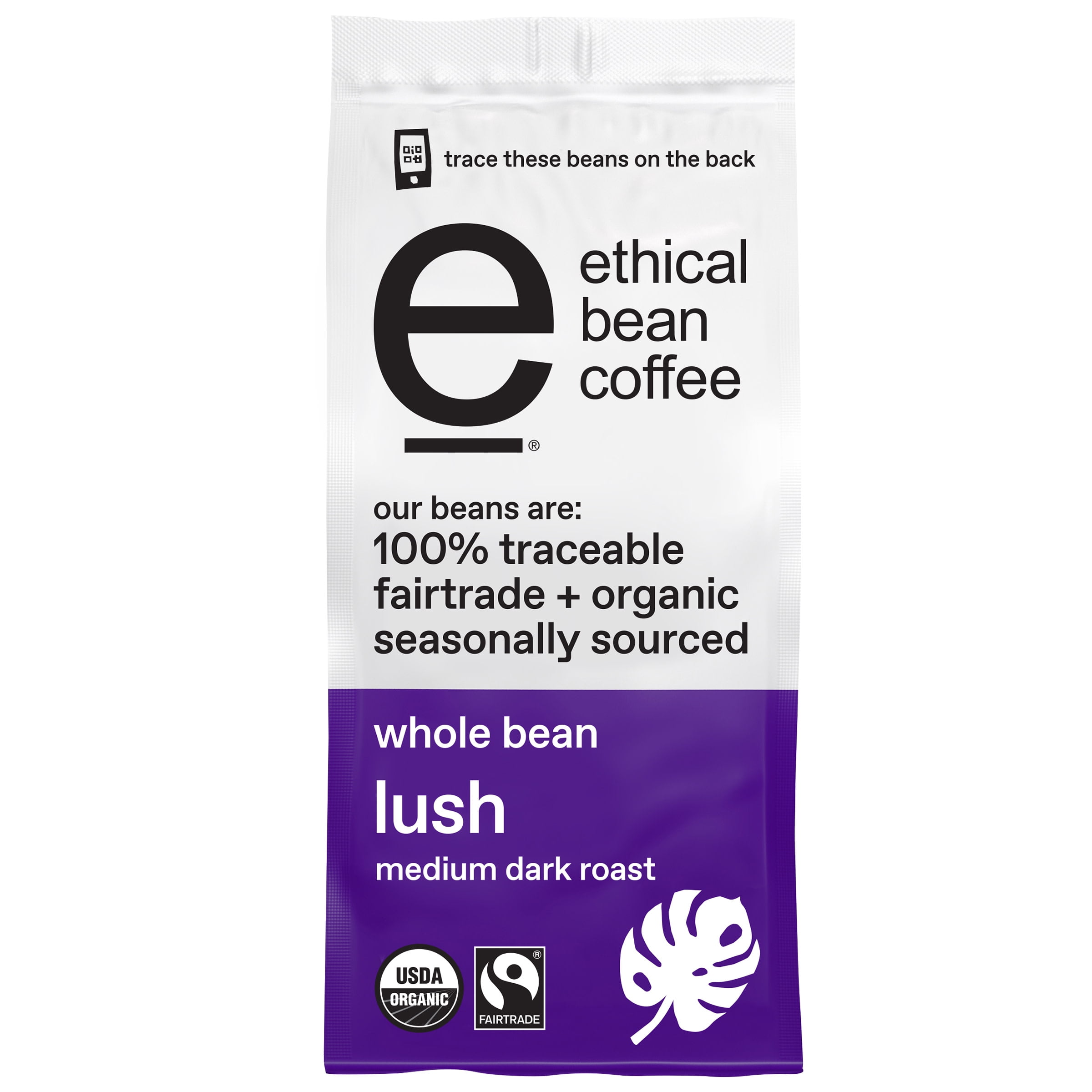 Ethical Bean Lush Medium Dark Roast Fairtrade Organic Whole Bean Coffee, 12 oz Bag