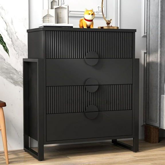 HUJAUU 4 Drawer Dresser Chests for Bedroom, Tall Chest of Drawer  Fluted Dressers with Pull-out Handles, Black