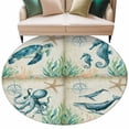thumbnail image 2 of Ocean Animal Round Living Room Rugs 8 ft, Turtle Seahorse Octopus Whale Compass Vintage Seagrass Washable Large Area Rug with Non-Slip Sturdy Edge Binding Round Carpet for Dining Room Kitchen Office, 2 of 9