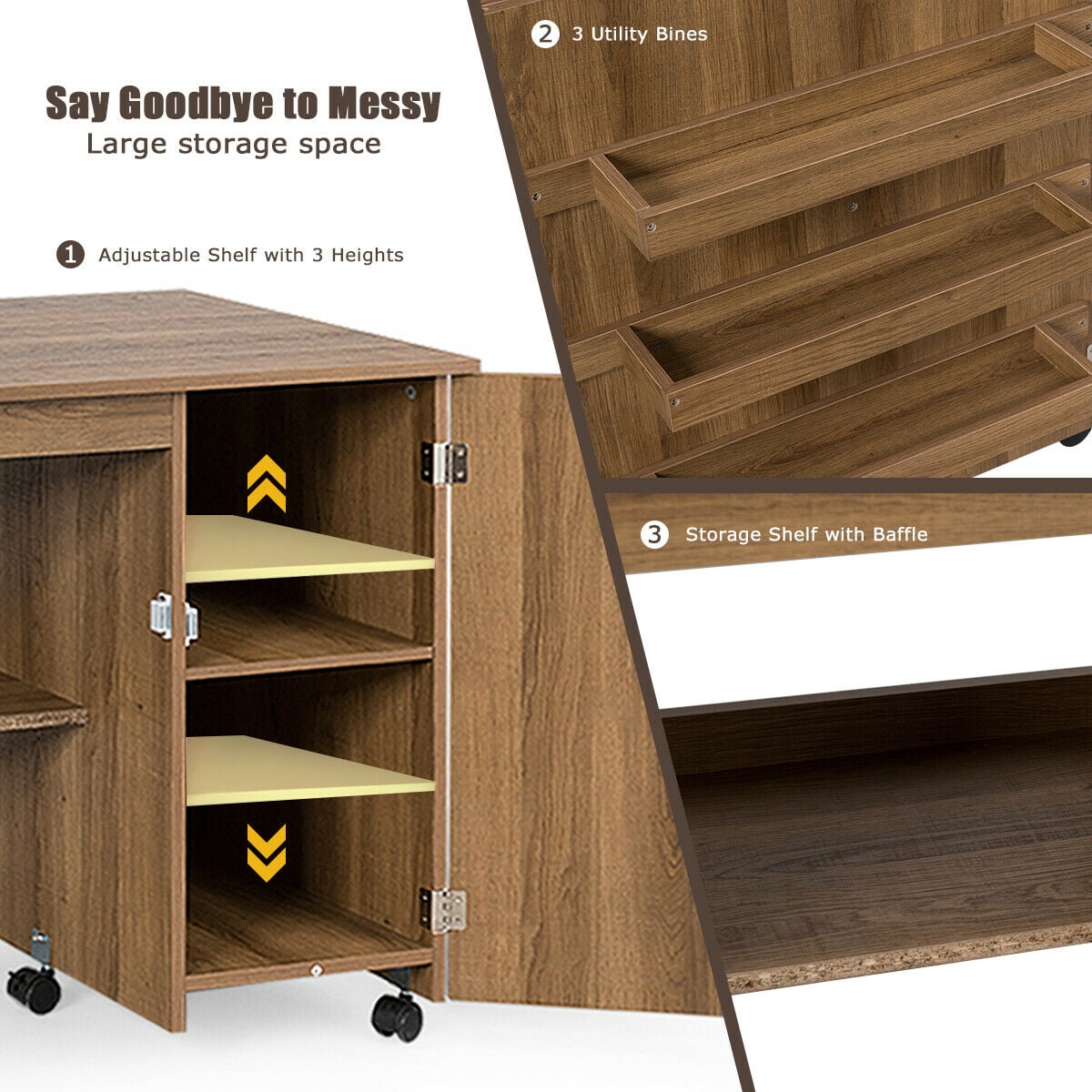 Gymax Folding Sewing Table Shelves Storage Cabinet Craft Cart W/Wheels Large Natural