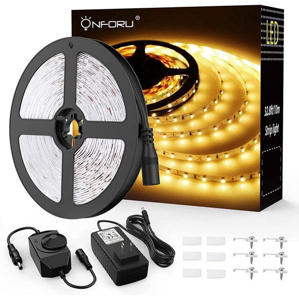 Tira de luces LED de color blanco cálido, Onforu, luz de cuerda regulable de 16.4 pies, cinta de luz de 3000 K, 5 m, 12 V, 2835 LED, iluminación de tira flexible para el hogar, cocina, debajo del gabi