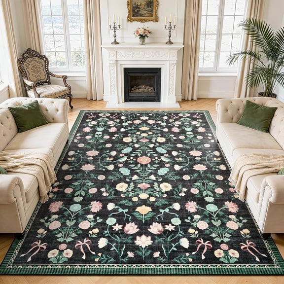 Memoryfield 6' x 9' Washable Area Rug, Non-Slip, Fade-Resistant Floral Carpet for Living Room, Bedroom, Dining Room, Black