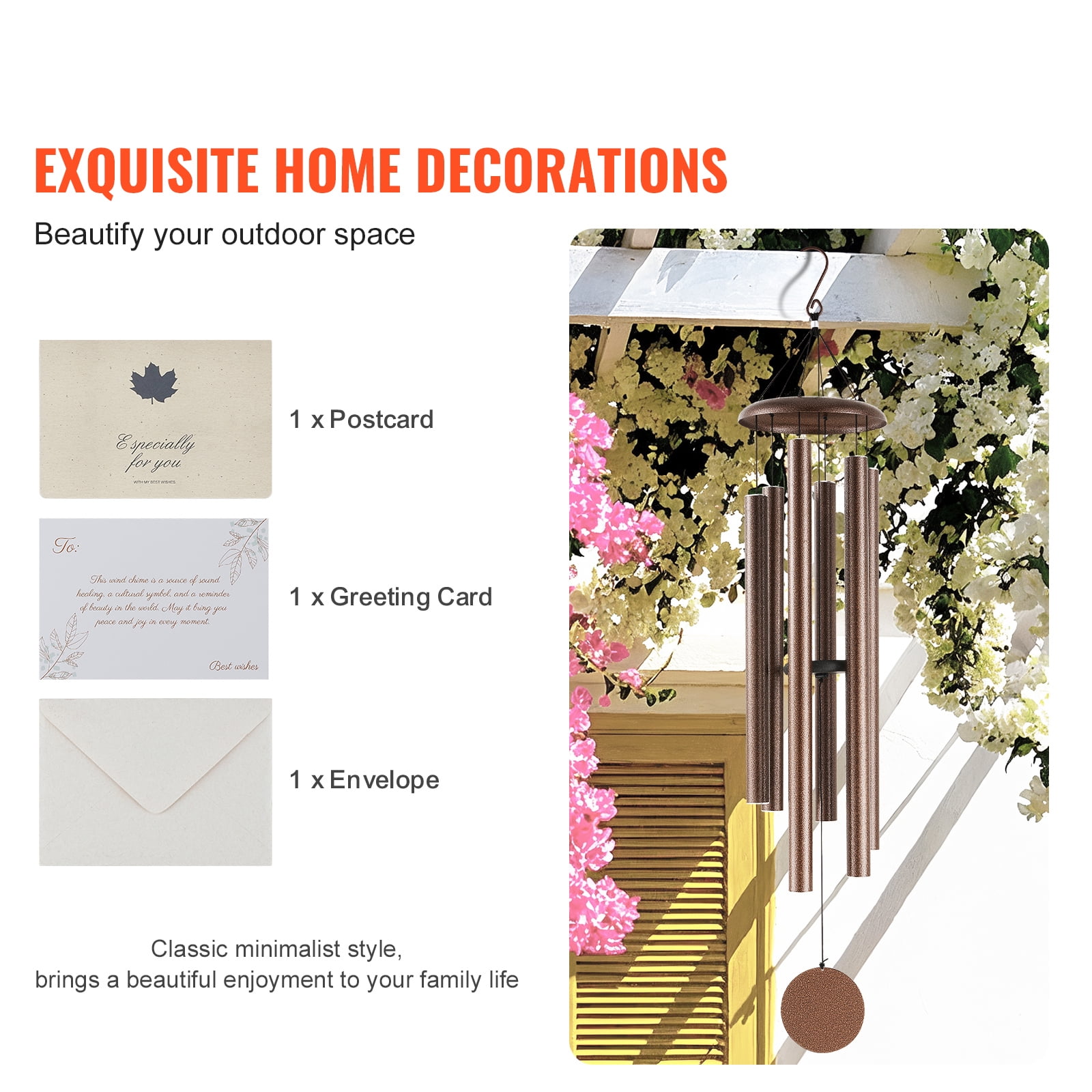 KFFKFF Outdoor Wind Chimes, 50", Richly Toned Wind Chimes with 6 Tubes, Distinctive Large Commemorative Wind Chimes for Anniversary, Remarkable Exterior Adornment for Your Patio,Backyard, Copper Vein