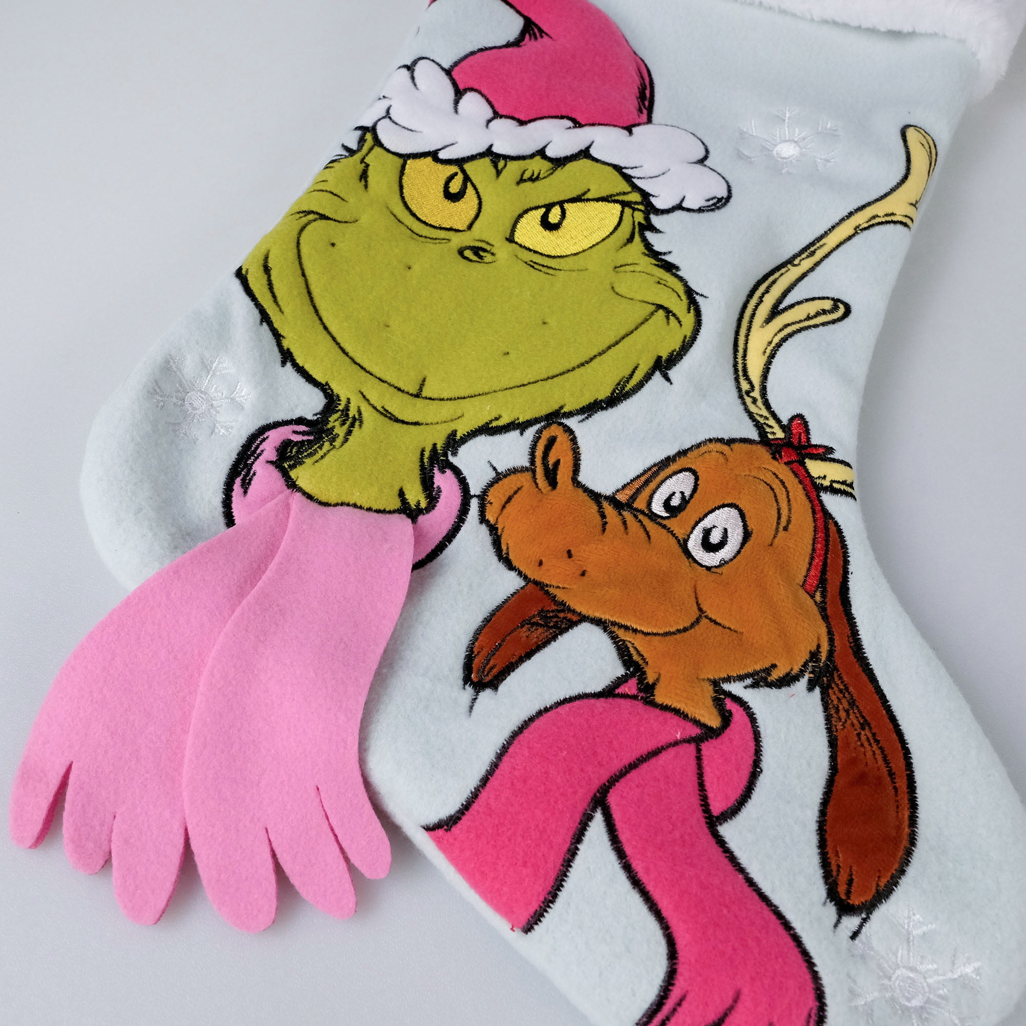 Dr. Seuss Grinch and Max 20 Inch Christmas Stocking with Pink Naughty and Nice Embroidery