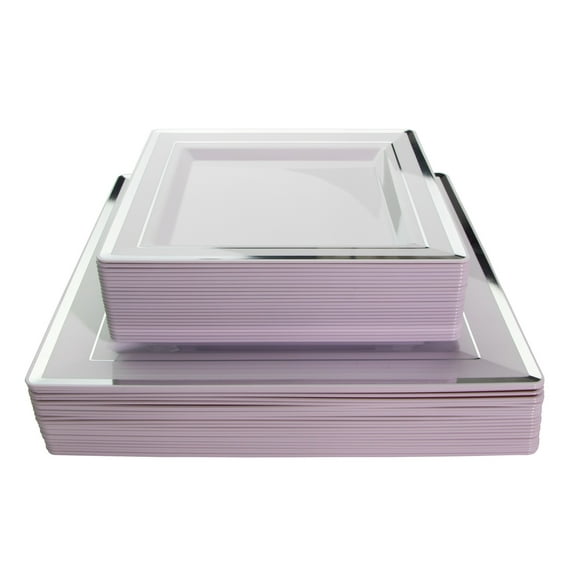 Exquisite 60 Pcs Square Plastic Disposable Dinnerware Set - Wedding & Party Disposable Dinner Plates - Set of 30 Plastic Dinner Plates and 30 Plastic Appetizer/Dessert Plates - White with Silver Rim